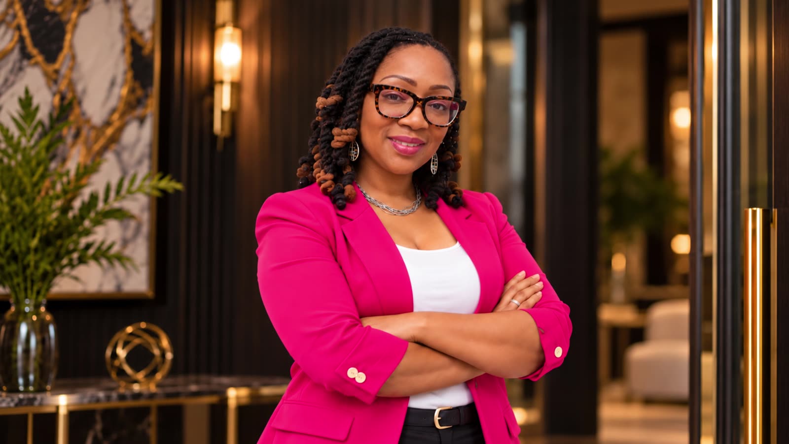 Mellanie T. Grier in a pink blazer, arms crossed, smiling at the entrance to an upscale room